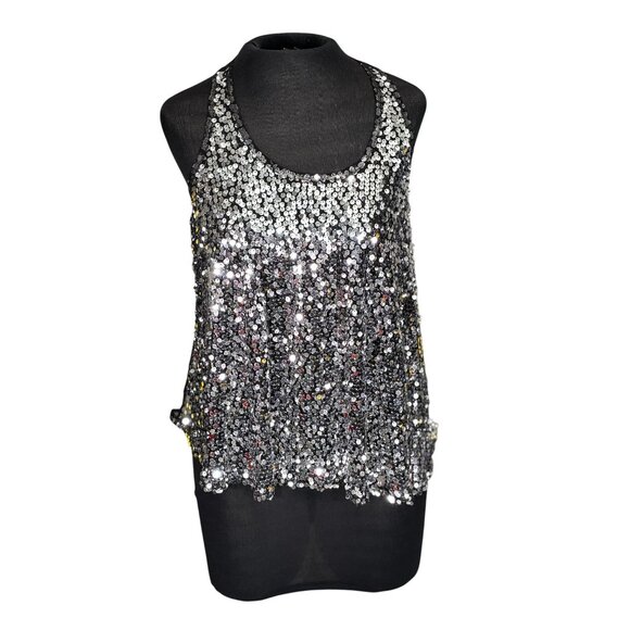Sequin Racerback Sleeveless Top Party Wear Black & Silver Size L - Picture 1 of 9